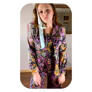 70s Fantasy Vintage Black & Pink multicolor Paisley Polyester 3 Pc Matching set